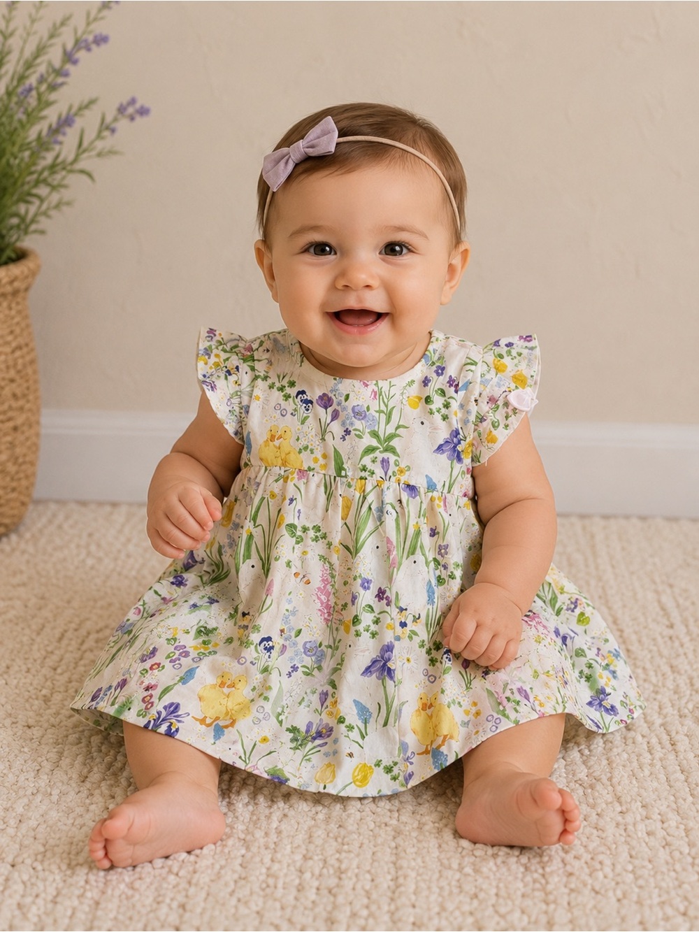 Rare Editions Girls Duckie Bunny Sundress with Pleated & Ribbon Trim Spring 9m